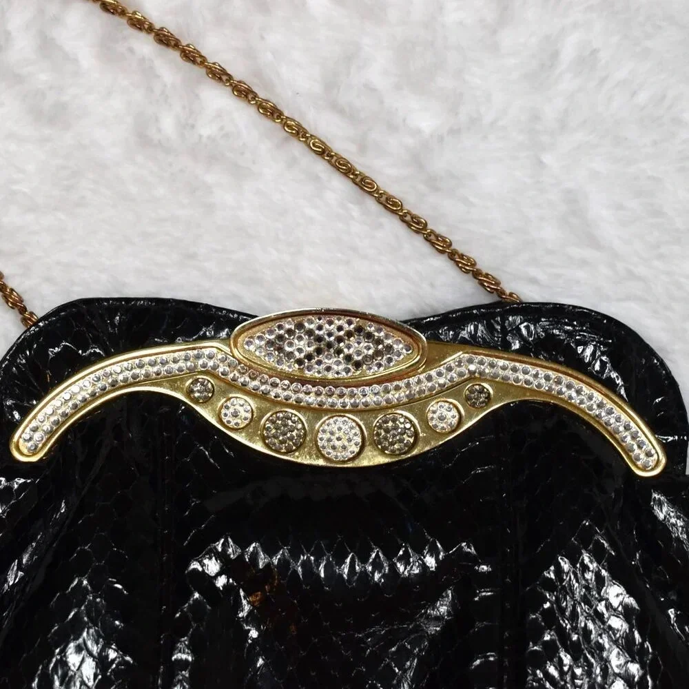 Vintage Snakeskin Shoulder Bag Clutch Crystals Party Cocktail Party 80s Black
